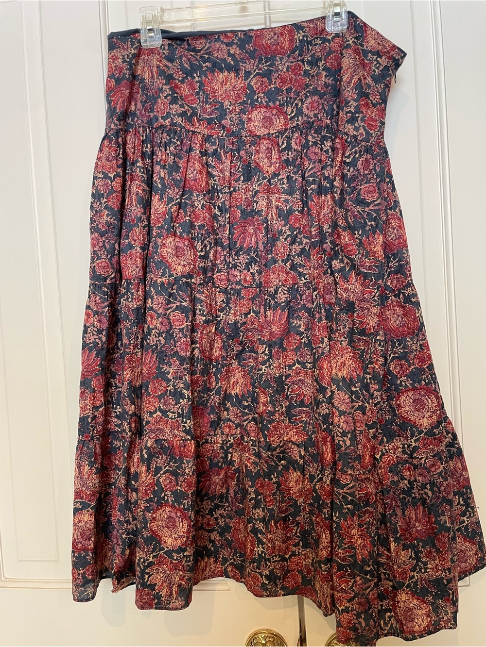 Chaps Navy Floral A-Line Midi Skirt with Maroon Accents